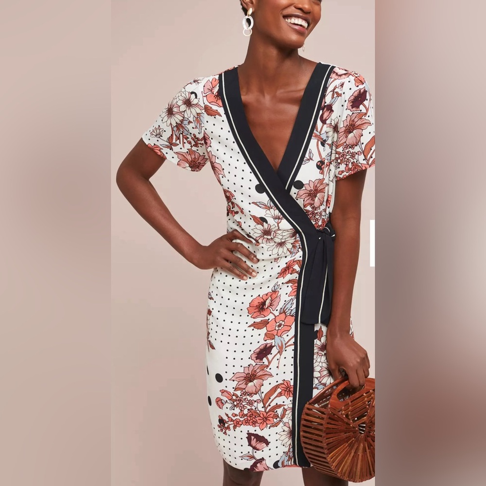 Maeve By Anthropologie Size 0 Women White Floral Lined Wrap Dress